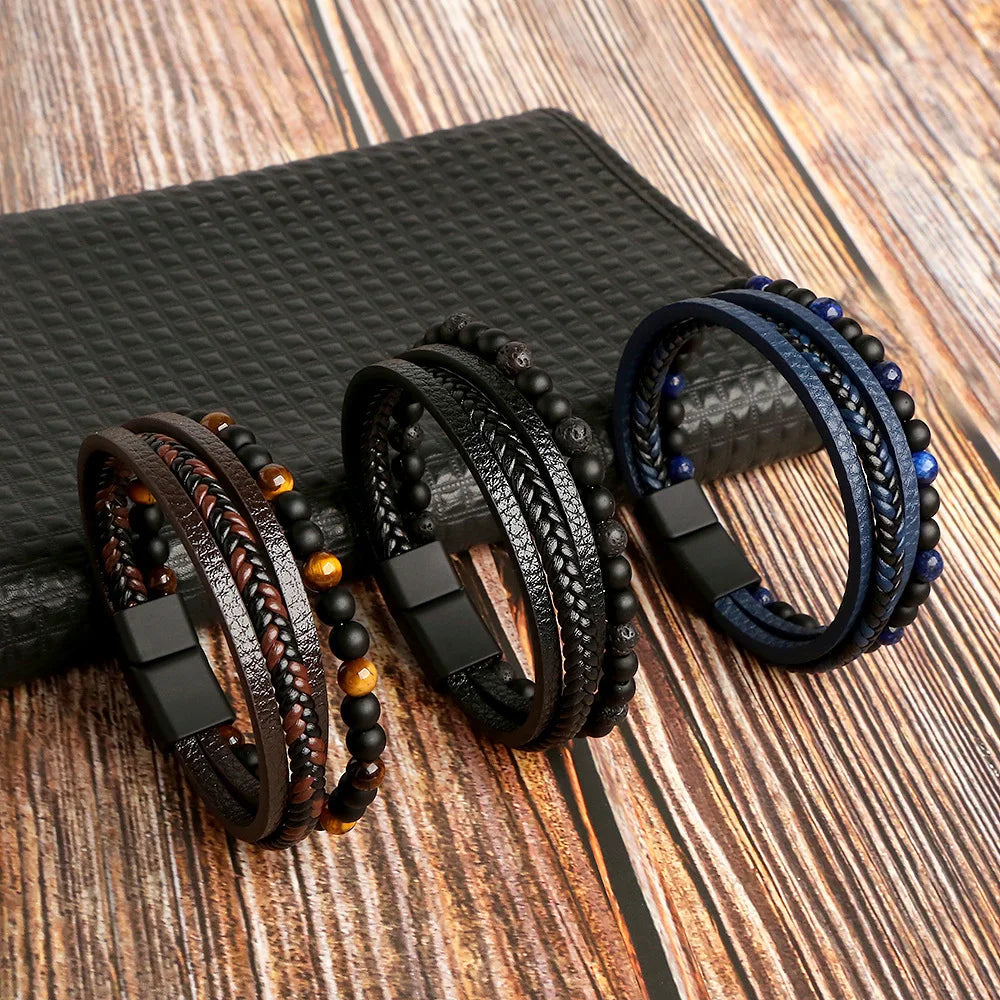 FBA Vintage Leather Magnetic Buckle Men's Bracelet | Handwoven Jewelry