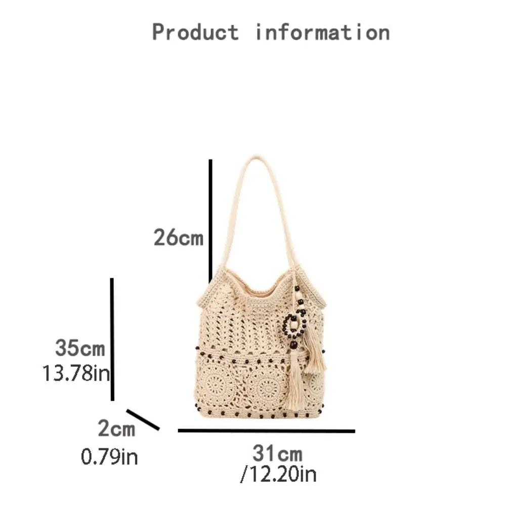 Bohemian Crochet Tote Bag with Bead Fringe Charm – Hollow-Out Knitted Ethnic Boho Weave Bag