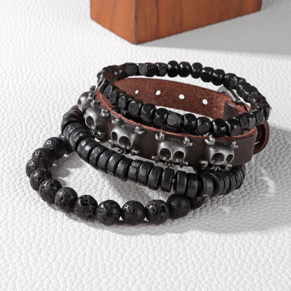 FBA Black Skull Beaded Leather Bracelet for Men | Buddhist Punk Jewelry