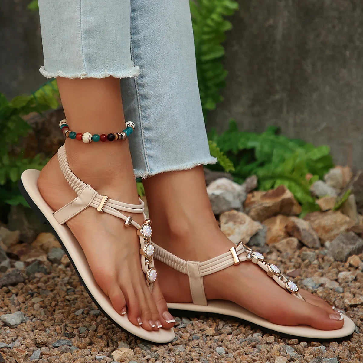 FBA Women's Handmade Beaded Fairy Style Flat Sandals | Plus Size Beach Shoes