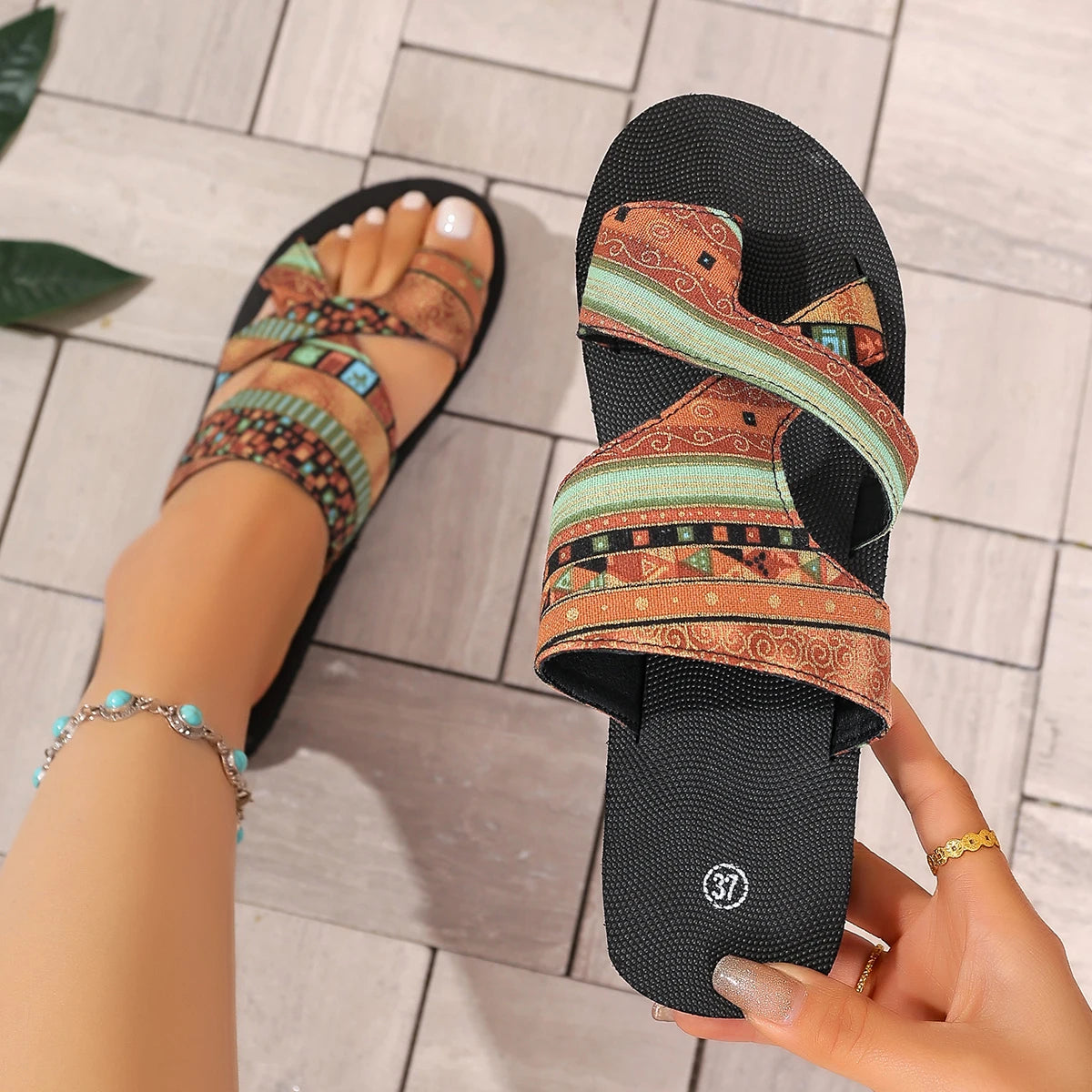 FBA Women's Tribal Pattern Platform Slides | Summer Beach Slippers
