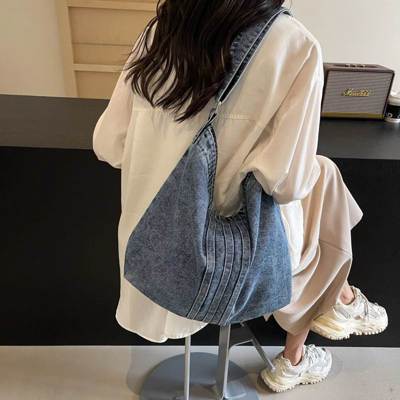 Denim Canvas Tote Bag for Women – Large Capacity Casual Shoulder Handbag