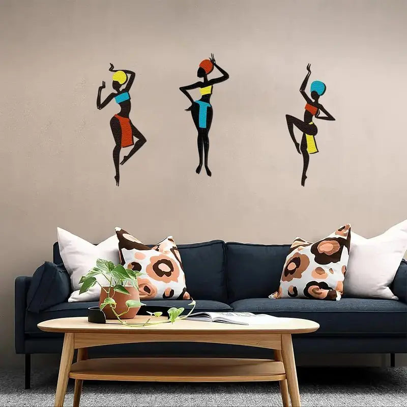 African Metal Wall Art Set of 3 | Ethnic Dance Silhouette Iron Wall Sculpture for Living Room