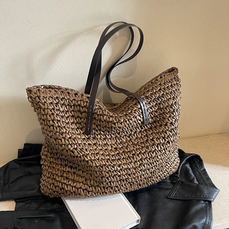 Straw Woven Casual Tote Bag for Women – Large Capacity Bohemian Beach Shoulder Handbag