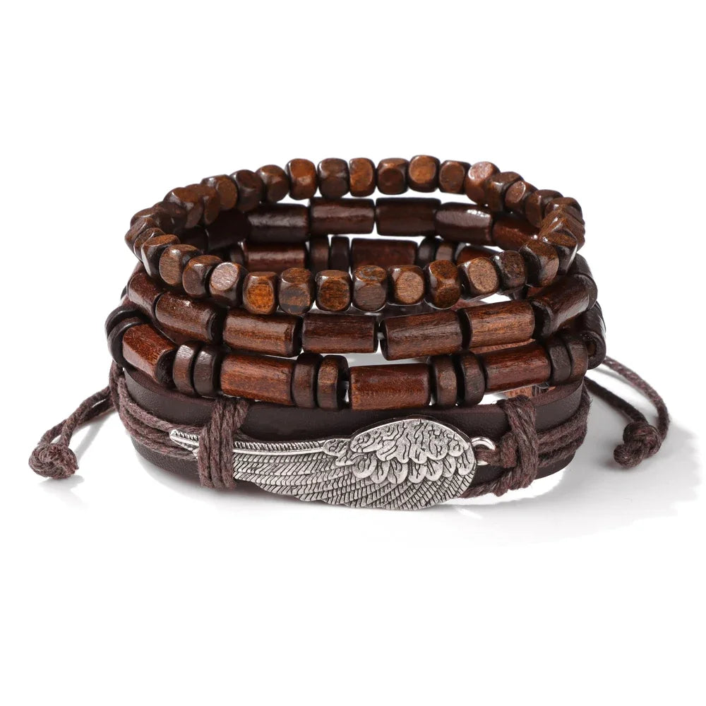 FBA Black Skull Beaded Leather Bracelet for Men | Buddhist Punk Jewelry