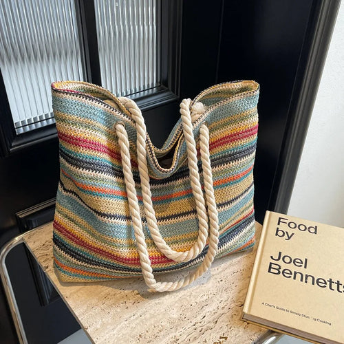 Ethnic Style Grass Woven Tote Bag for Women – Large Capacity Summer Beach Shopping Shoulder Bag