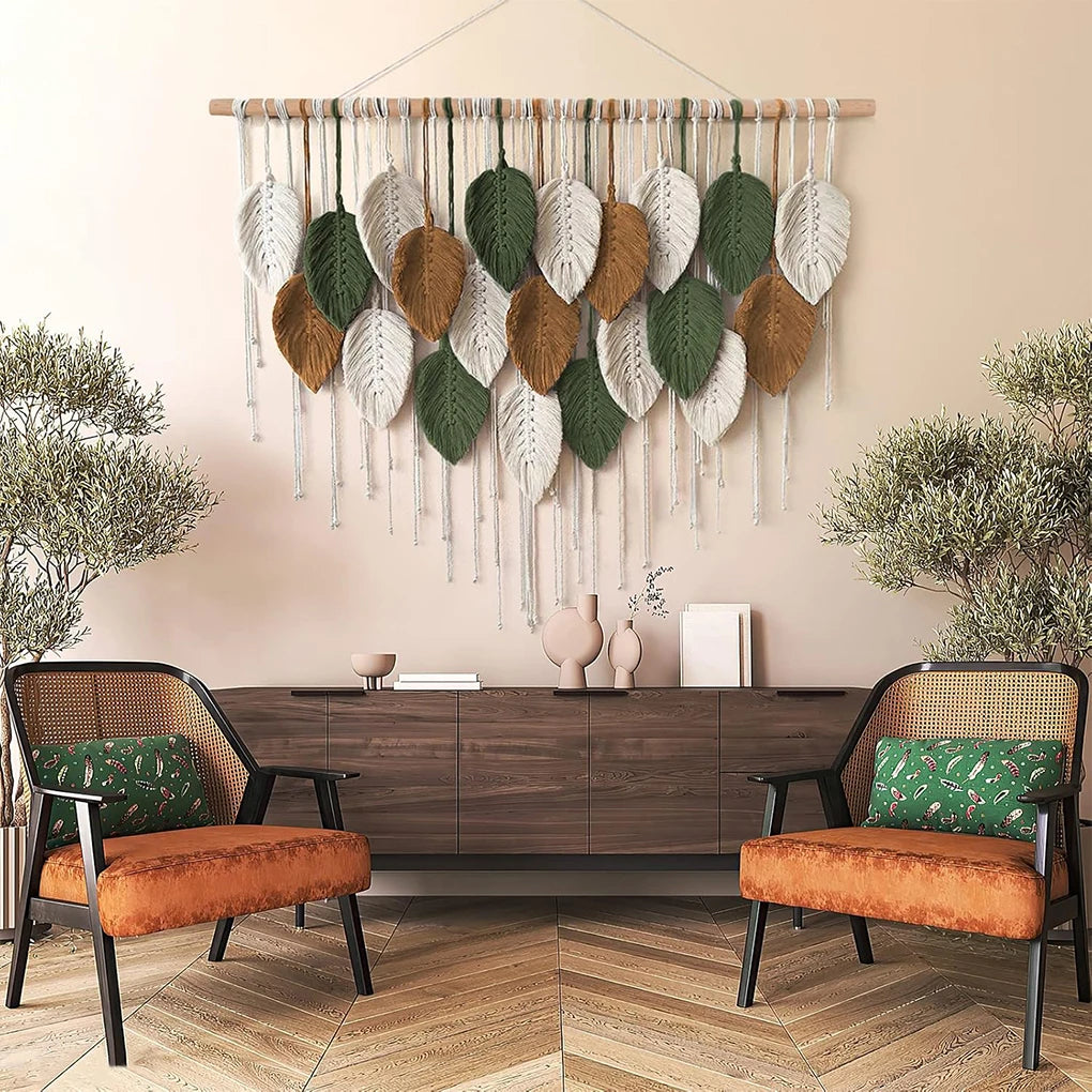 Large Boho Macrame Wall Tapestry | Handwoven Leaf & Feather Wall Art