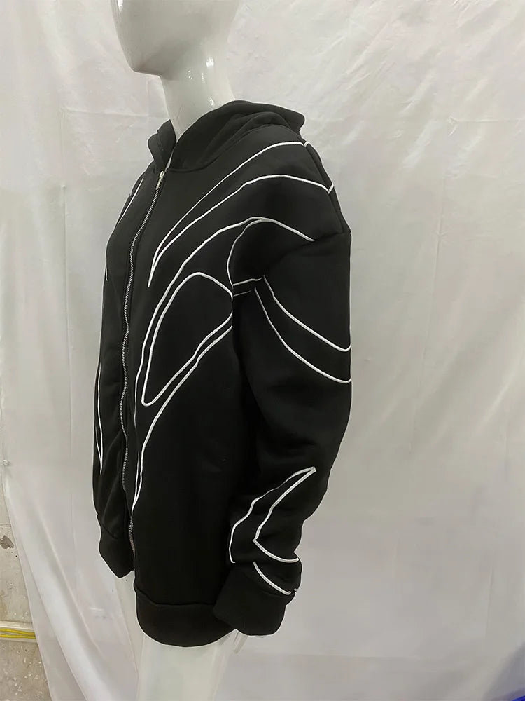 Women's Street Retro Striped Embroidered Oversized Hoodie – Y2K Hip Hop Punk Double Zipper Sweatshirt | Black | S–XL | FBA Vibes