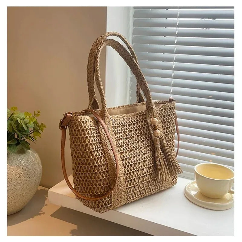 Straw Woven Summer Tote Bag for Women – Large Capacity Casual Vacation Shoulder Bag