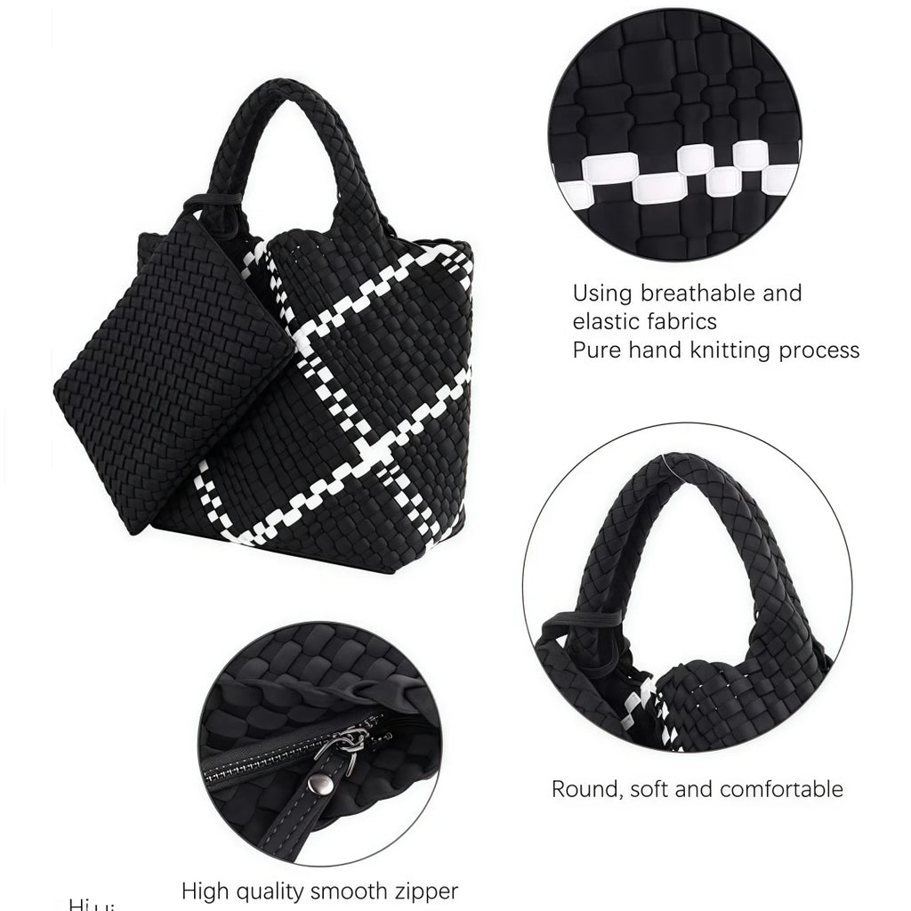 Neoprene Woven Tote Bag for Women – Waterproof Extra Large Beach Handbag & Retro Travel Shoulder Bag Set with Zipper Purse