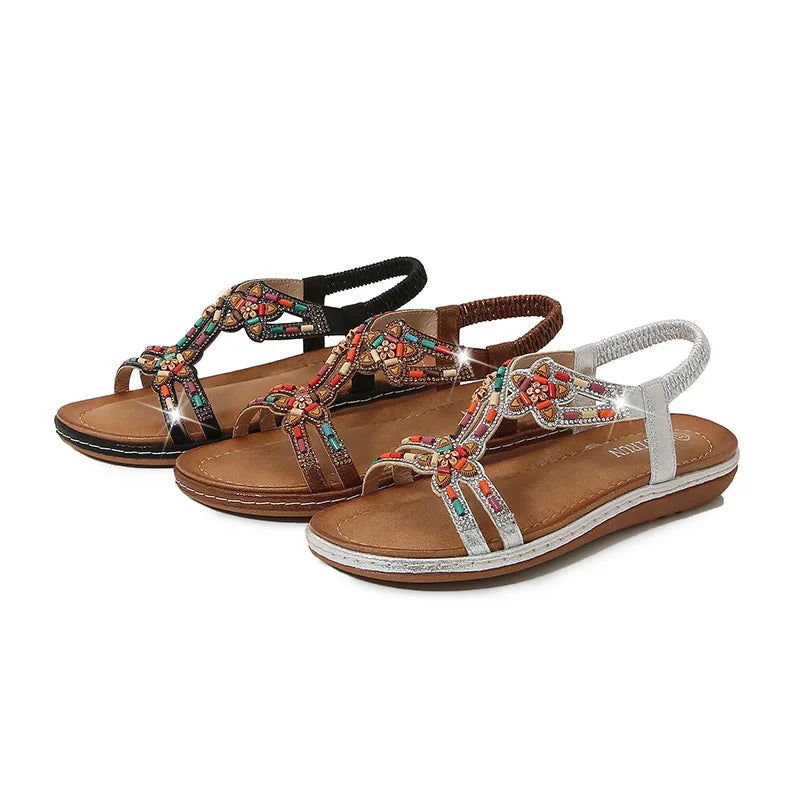 FBA Women's Rhinestone Bohemian Hollow Flat Sandals | Summer Casual Shoes
