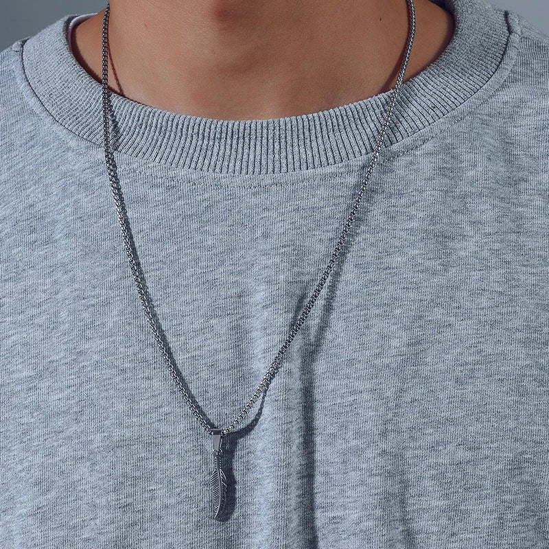 FBA Stainless Steel Feather Hip Hop Pendant Necklace | Men's Chain Jewelry