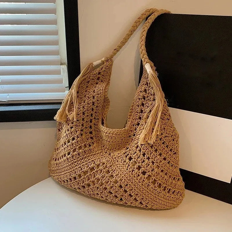 Summer Crochet Boho Shoulder Bag for Women – Knitted Hollow-Out Beach Vacation Tote