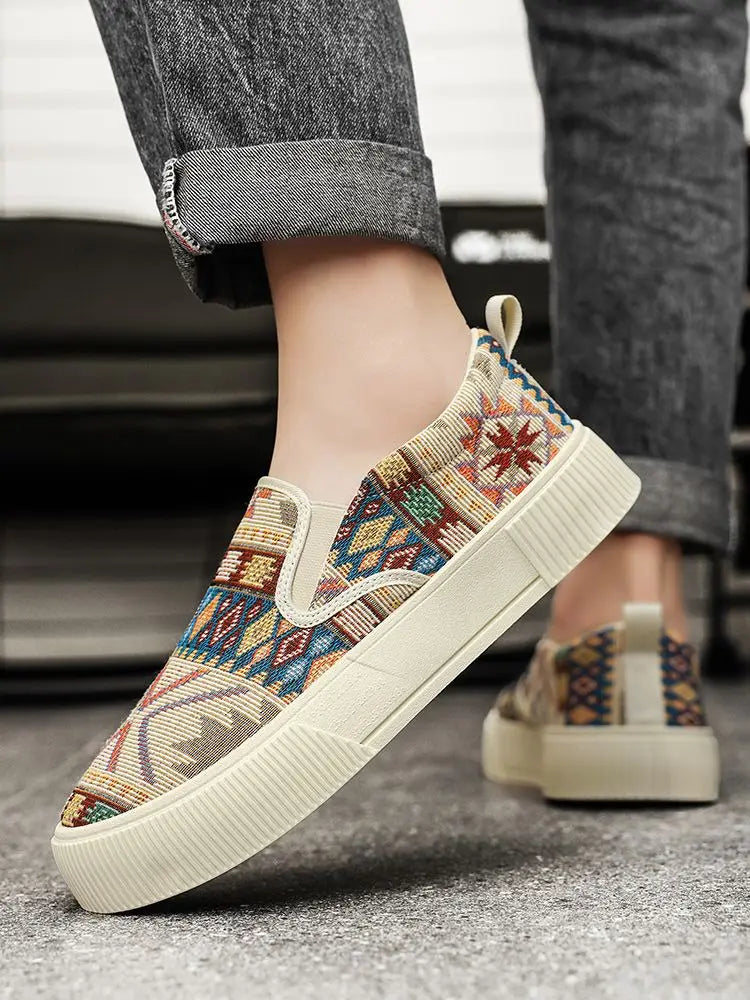 FBA Men's Canvas Printing Thick Platform Retro Sneakers | Elegant Breathable Casual Shoes