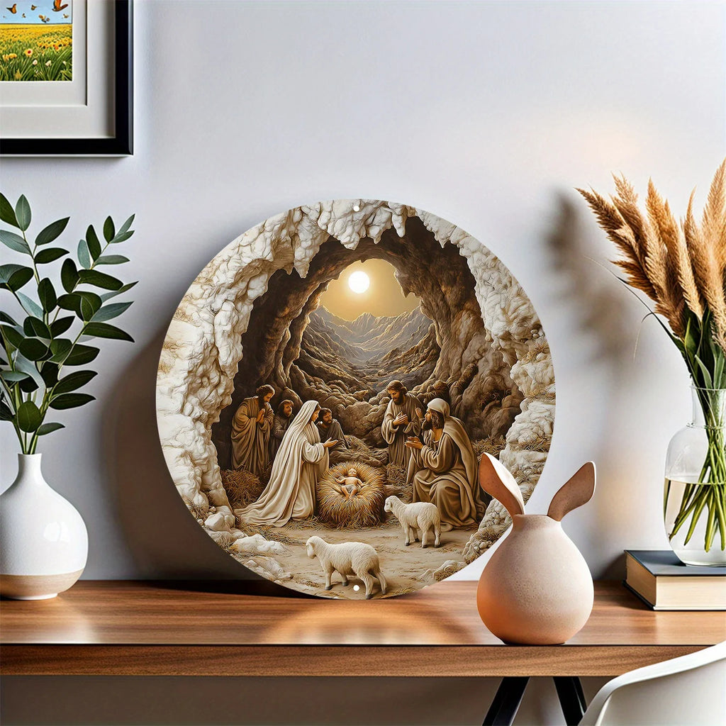 Nativity Scene Christmas Round Aluminum Wall Art | Holiday Metal Sign for Living Room, Bedroom & Bathroom Decor