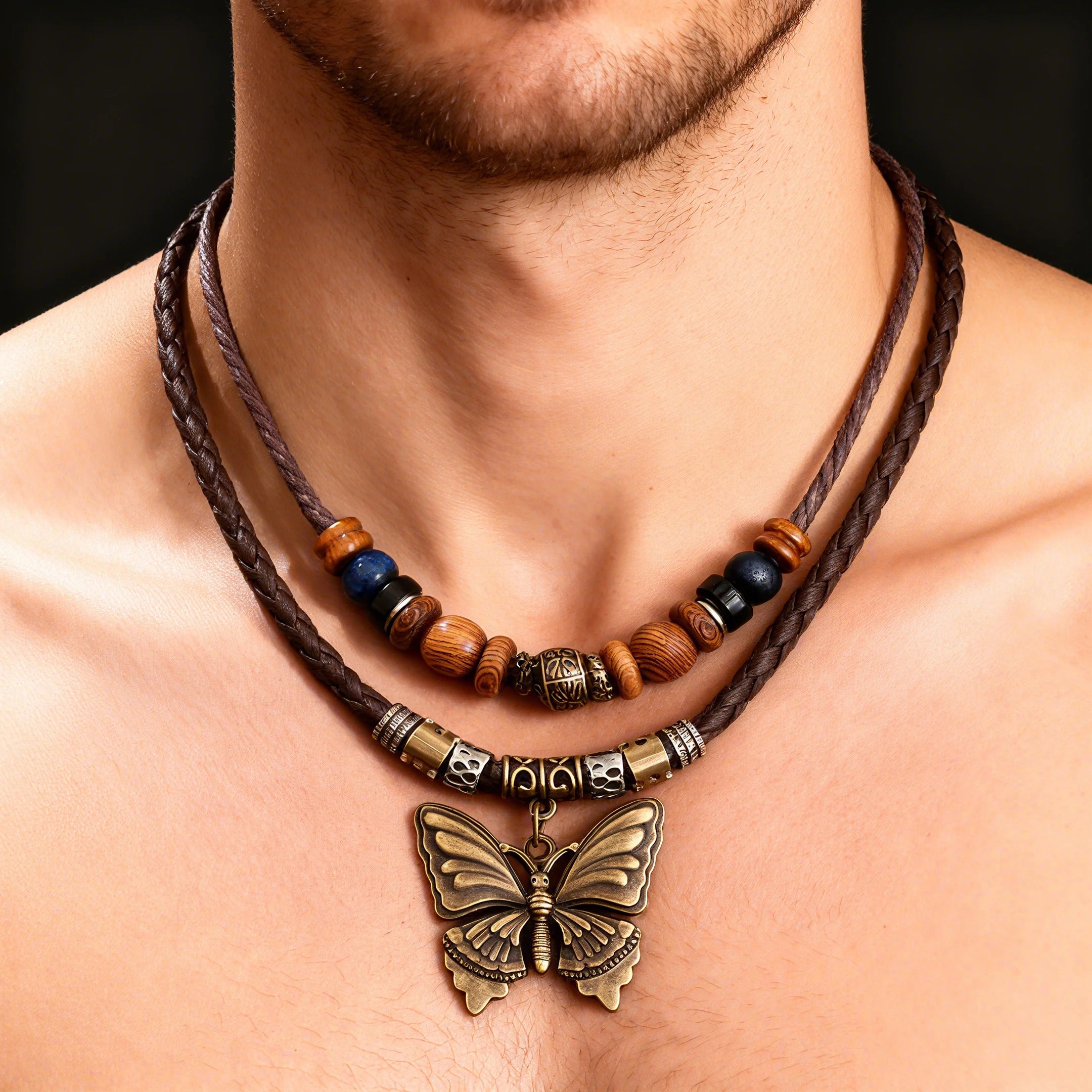 FBA Vintage Butterfly Wood Bead Necklace | Unisex Boho Jewelry