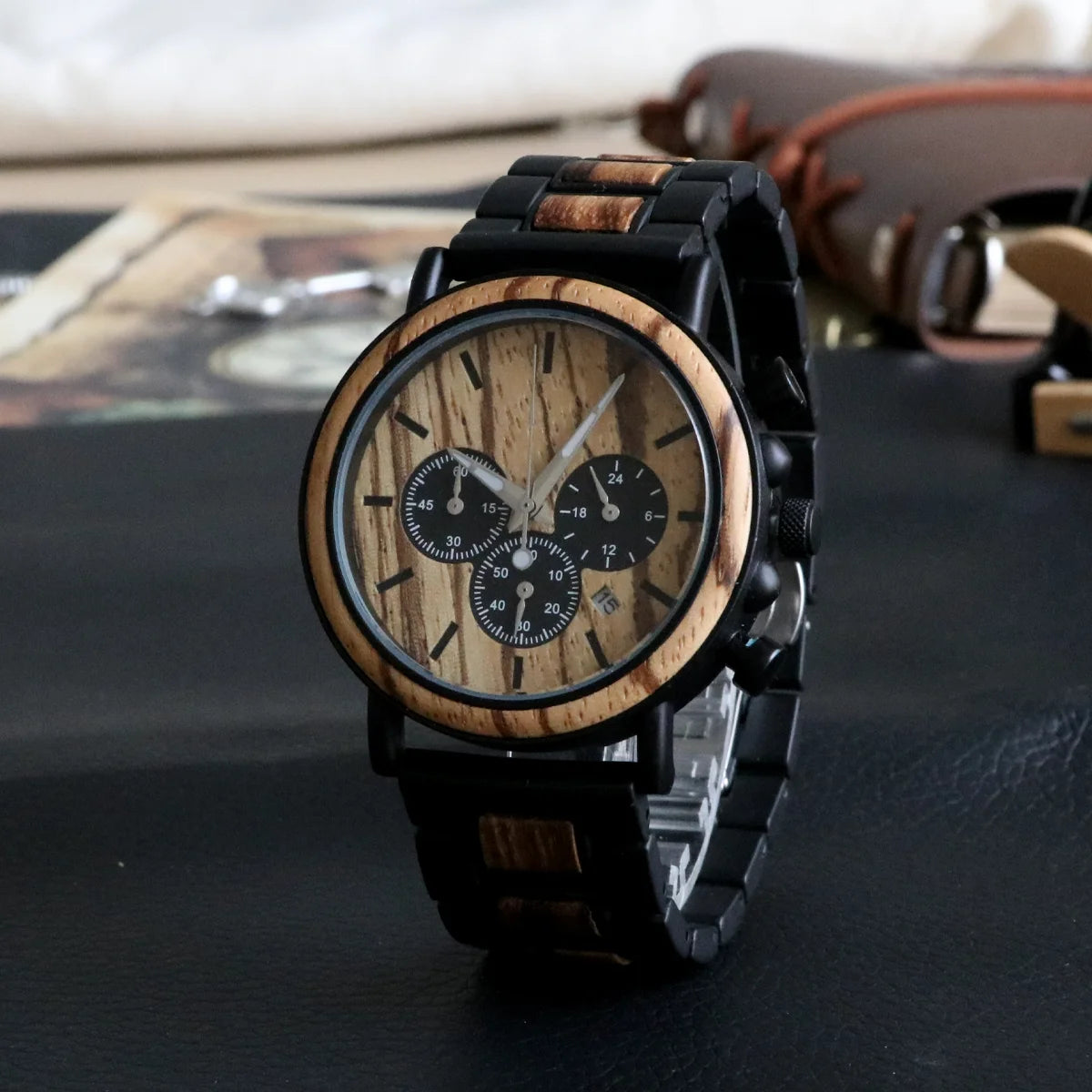 FBA Men's Luxury Wood Watch | Chronograph Calendar Wooden Wristwatch