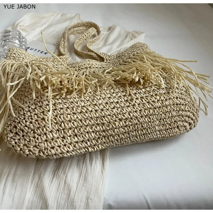Women Tassel Straw Woven Tote Bag – Handmade Top-Handle Beach Shoulder Bag & Travel Purse