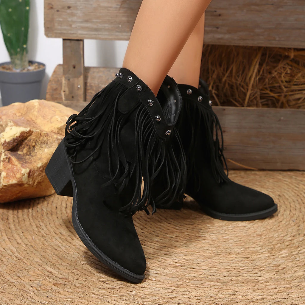 Women's Tassel Western Cowboy Slip-On Ankle Boot with Chunky Heel | FBA Vibes