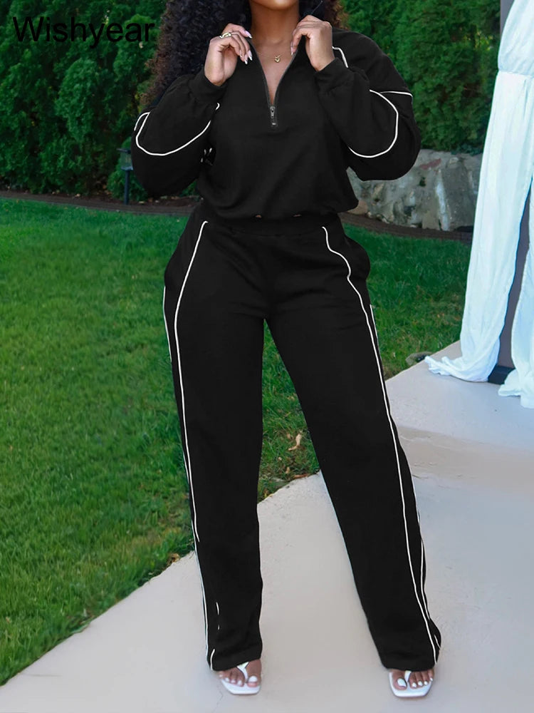 Women's 2-Piece Striped Sport Set – Zip Sweatshirt & Wide-Leg Pants | FBA Vibes