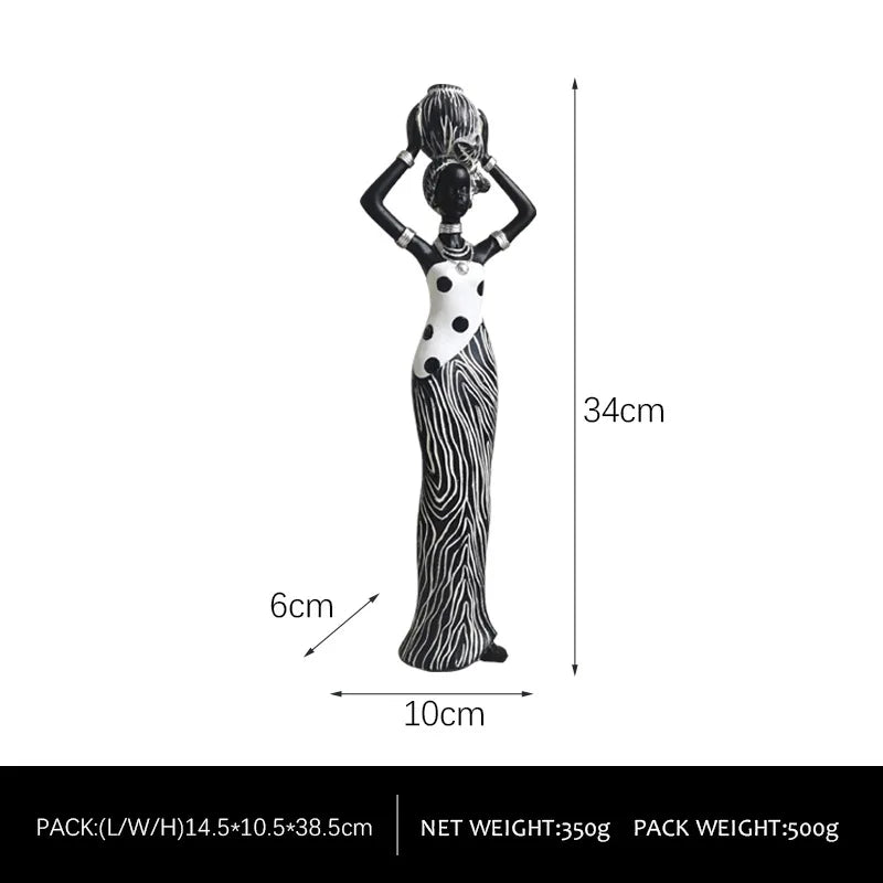 African Woman Resin Statue | Tribal Lady Figurine in Black & Gold for Living Room & Home Decor