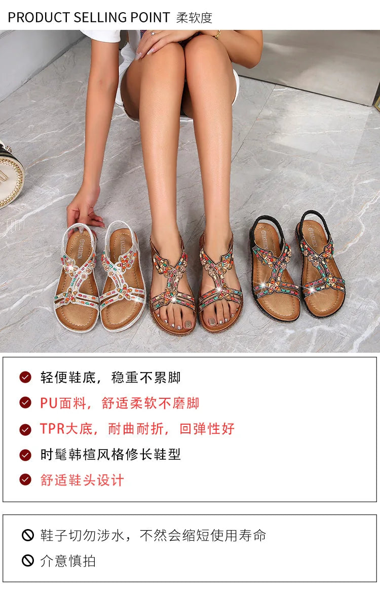 FBA Women's Rhinestone Bohemian Hollow Flat Sandals | Summer Casual Shoes