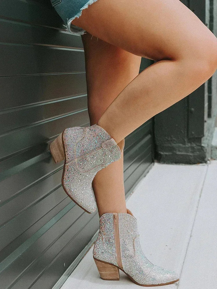Women's Glitter Bling Chelsea Ankle Boot with Spike Heel | FBA Vibes