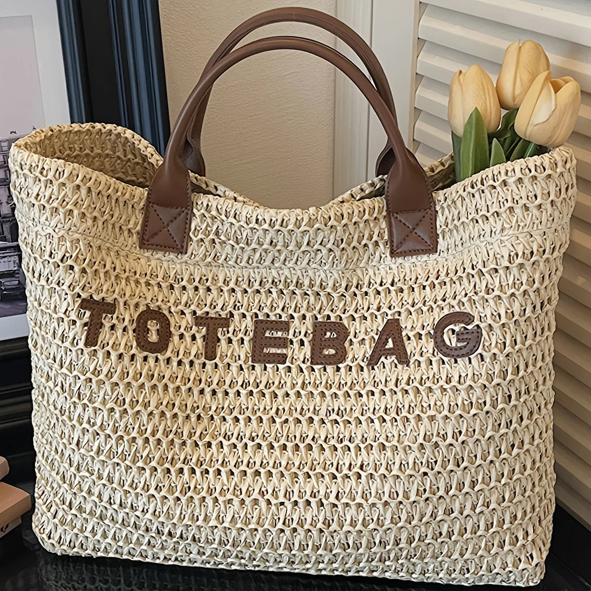 Large Capacity Contrast Color Woven Tote Bag – Minimalist Vacation Style for Commute, Travel & Gift