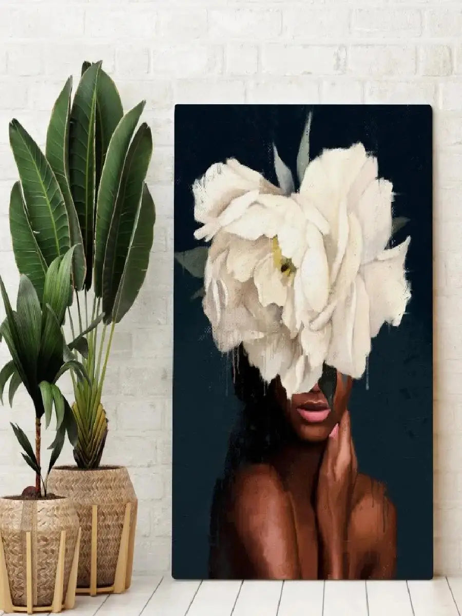 African American Woman Floral Canvas Print | Elegant Black Girl Wall Art for Living Room Home Decor