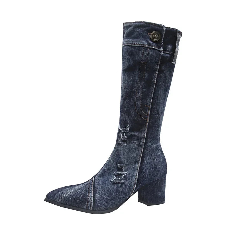 Women's Denim Mid-Calf Boot — Block Heel, Platform, Pointed Toe