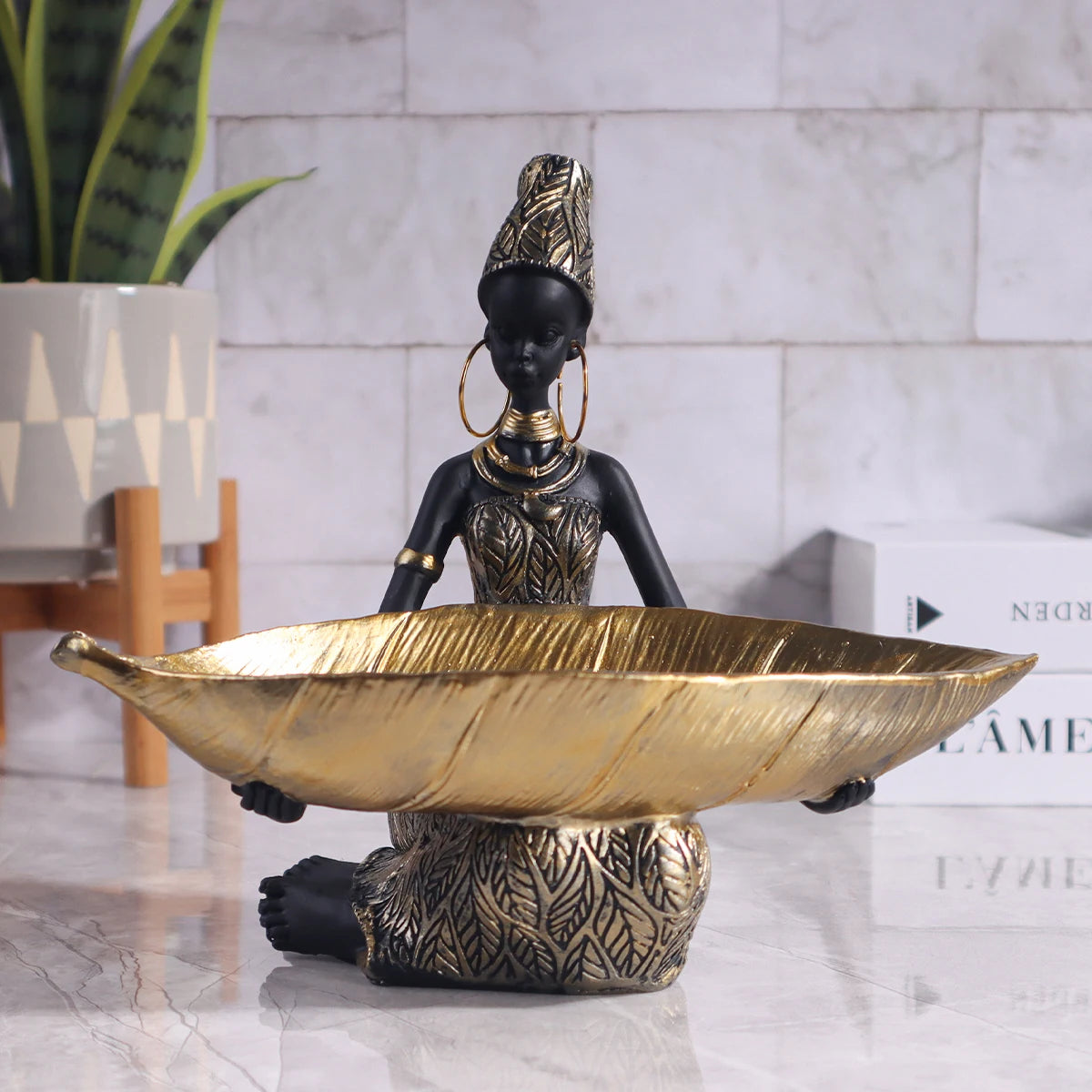 African Girl Holding a Plate Sculpture | Vintage Resin Storage Ornament for Home & Office Decor