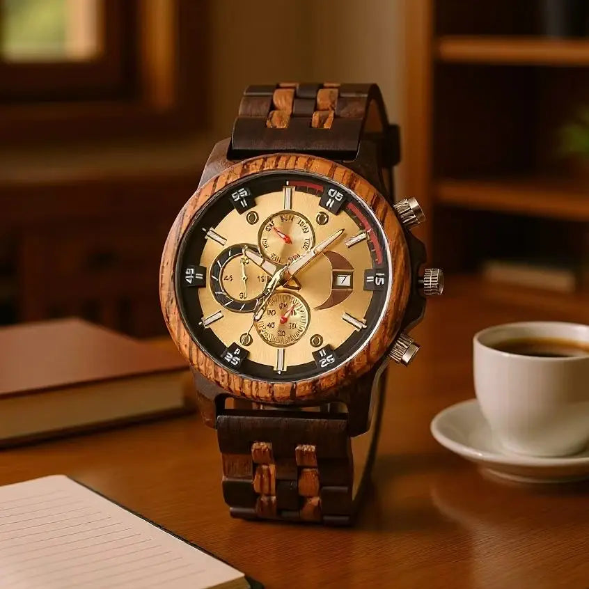 FBA Men's Big Dial Luxury Wood Watch | Exotic Wood Quartz Wristwatch