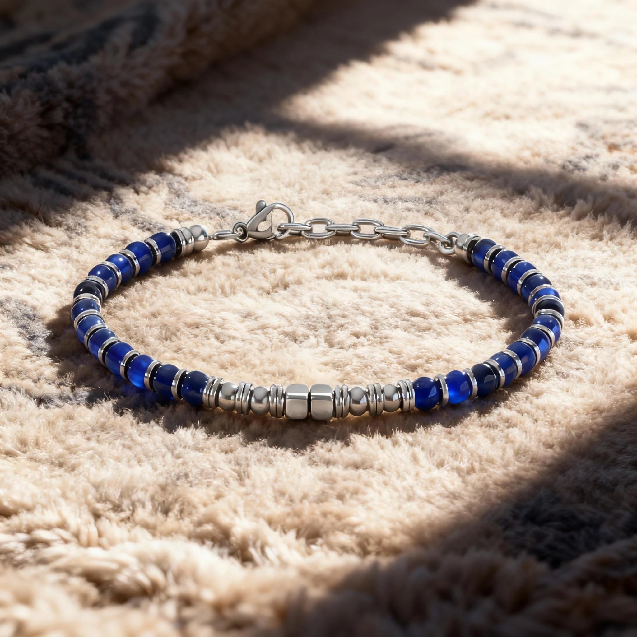 FBA Men's Blue Natural Stone Stainless Steel Bracelet | Handmade Jewelry