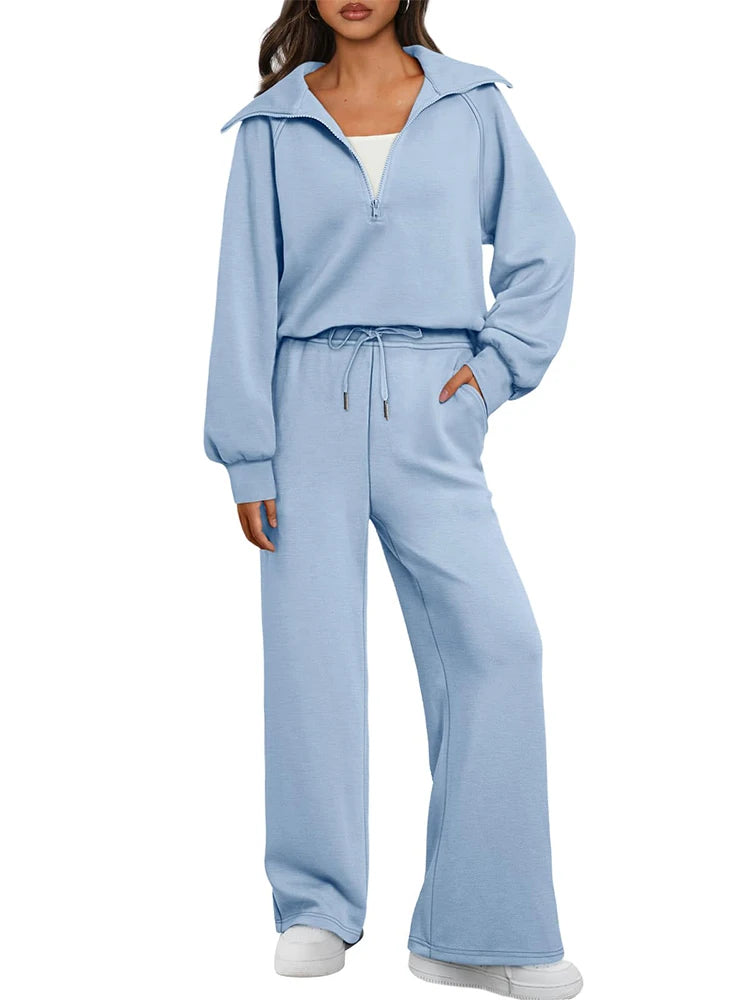 Women's 2-Piece Loose-Fit Half-Zip Sweatshirt & Wide-Leg Jogger Set | FBA Vibes