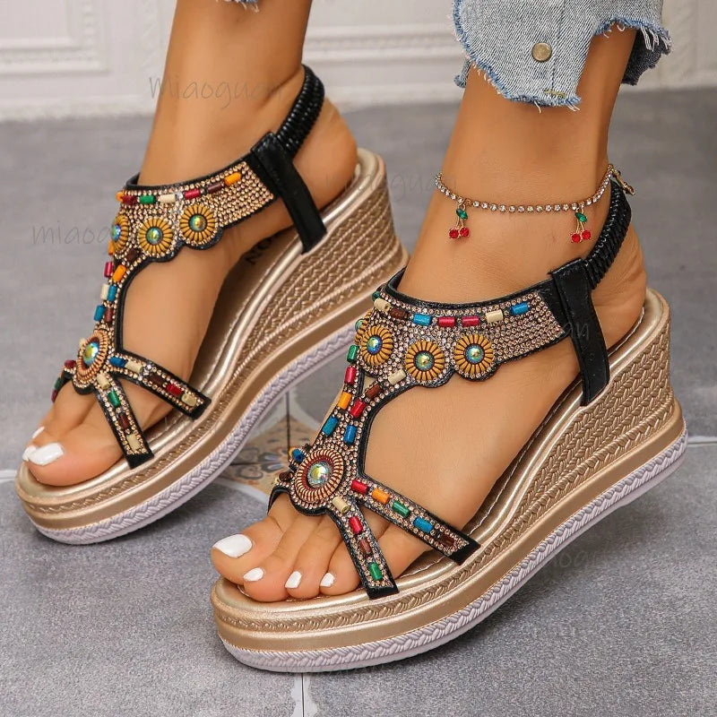 FBA Women's Beaded Bohemian Platform Sandals | Open-Toe Beach Shoes