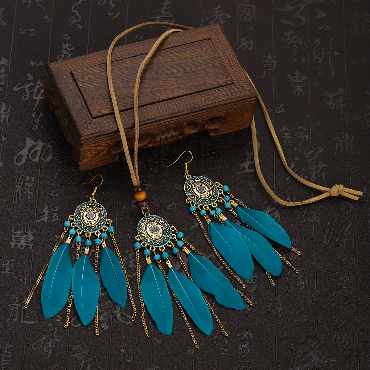 FBA Feather Necklace & Earring Set | Boho Tassel Jewelry