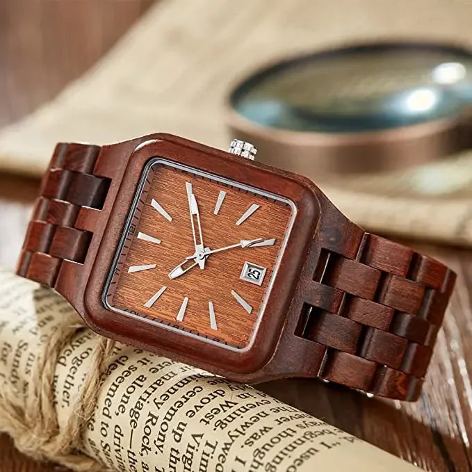 FBA Men's Square Wood Watch | Roman Numeral Quartz Wooden Wristwatch