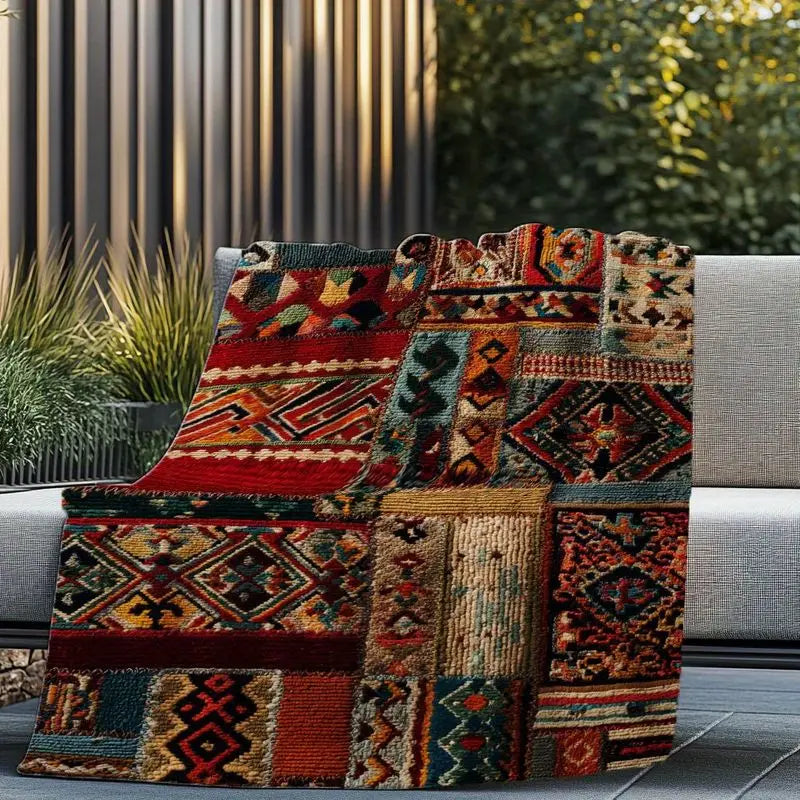 Persian Kilim Tribal Patchwork Flannel Throw Blanket – 5 Colors | FBA Vibes