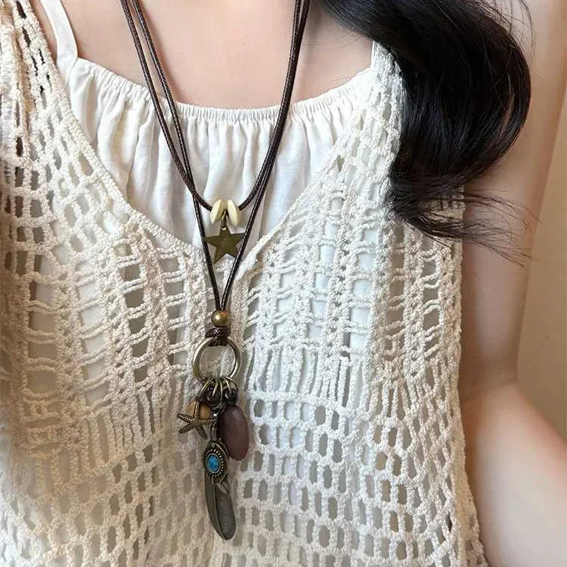 FBA Star Feather Leather Pendant Necklace | Retro Art Jewelry