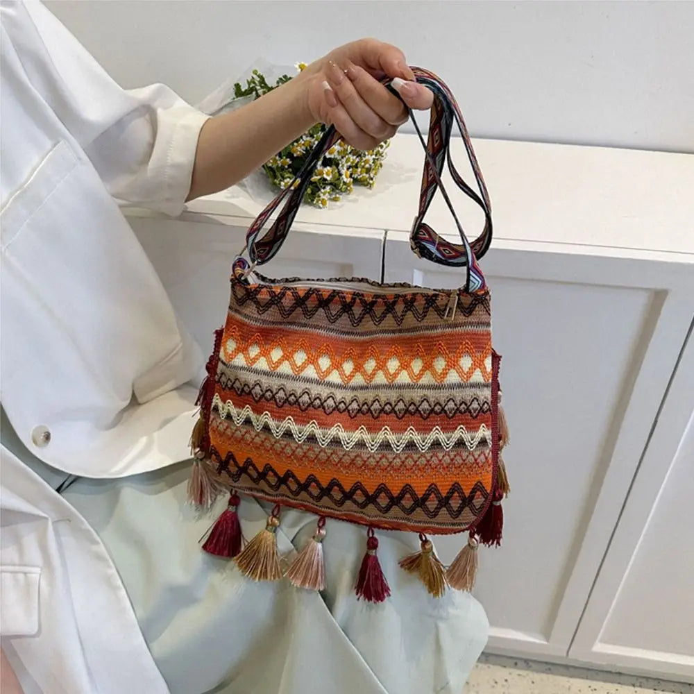 Tassel Ethnic Fringe Crossbody Shoulder Bag – Bohemian Woven Messenger Handbag