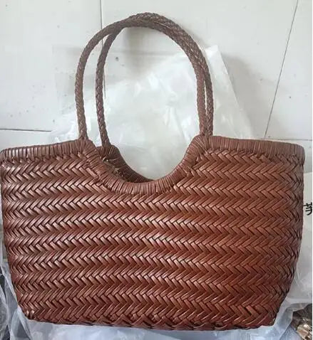Genuine Leather Woven Basket Tote Bag for Women – Luxury Vintage Cowhide Shoulder Bag
