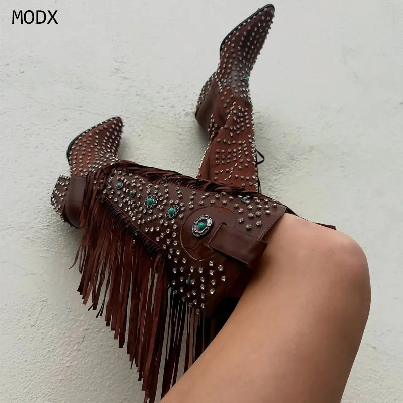 Women's Crystal Tassel Rivet Over-the-Knee Boot with Stiletto Heel
