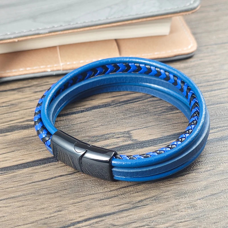 FBA Men's Multilayer Blue Leather Stainless Steel Bracelet | Luxury Jewelry
