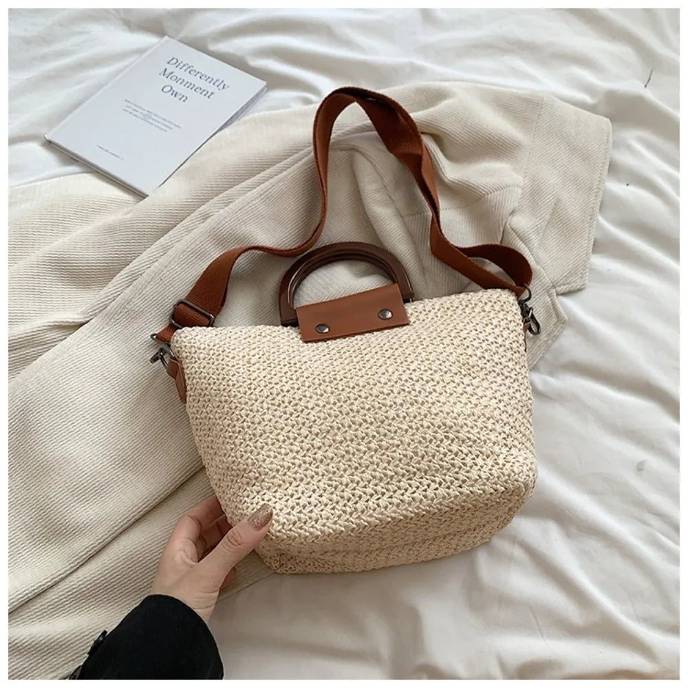 Hand Woven Straw Top Handle Crossbody Bag – Bohemian Beach Vacation Tote