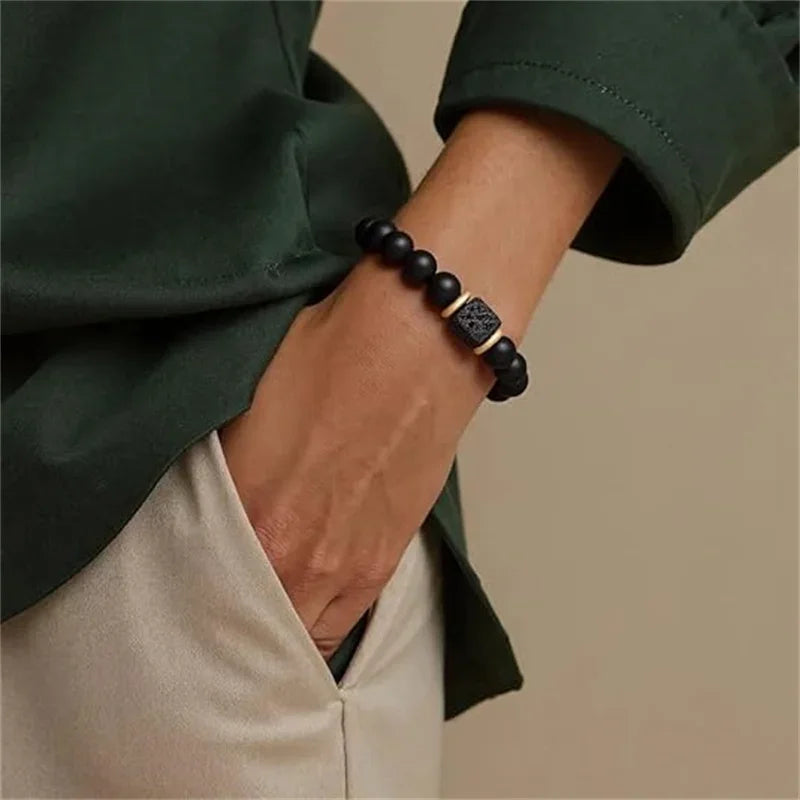 FBA Black Onyx & Lava Stone Elastic Bracelet for Men | Charm Jewelry