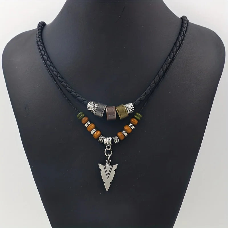 FBA Hip Hop Tribal Arrow Pendant Double Beaded Necklace | Men's Retro Jewelry