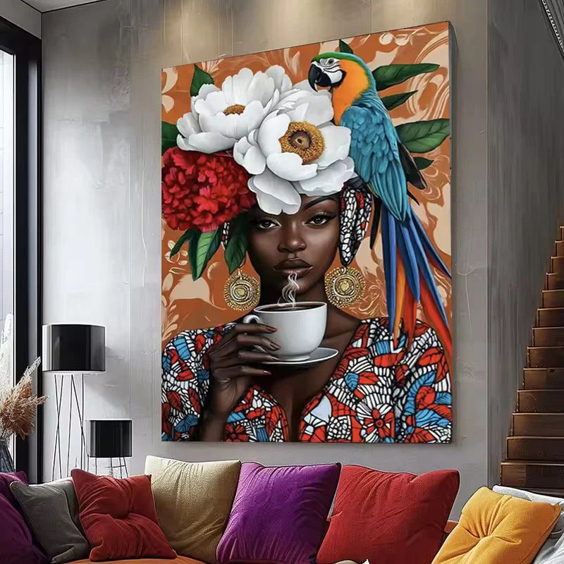 Black Woman Abstract Floral Portrait Canvas Print | Colorful Wall Art for Living Room