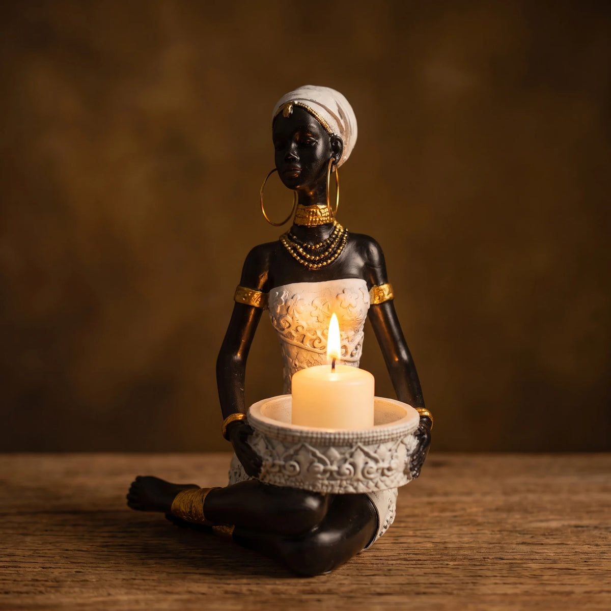 Bohemian African Woman Tray Sculpture | 2-in-1 Resin Decor & Storage Ornament