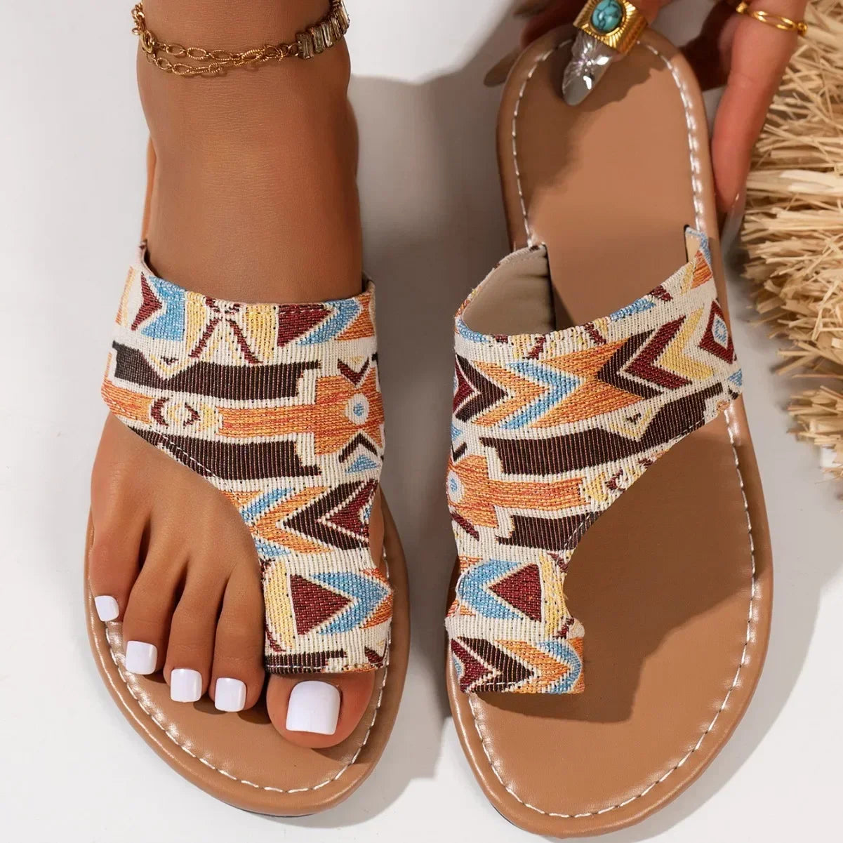 FBA Women's Ethnic Flip-Toe Flat Slippers | Lightweight Beach Shoes