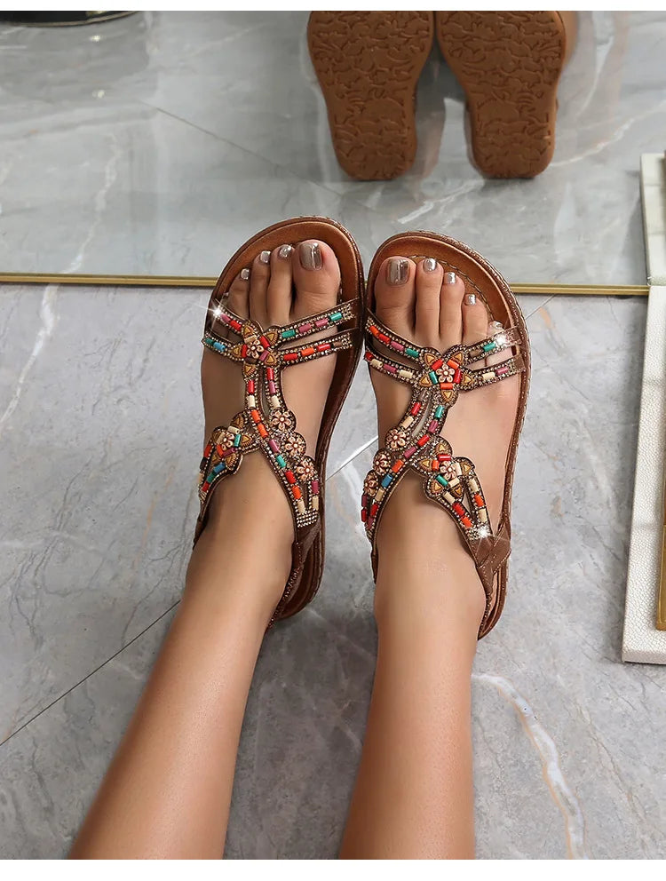 FBA Women's Rhinestone Bohemian Hollow Flat Sandals | Summer Casual Shoes